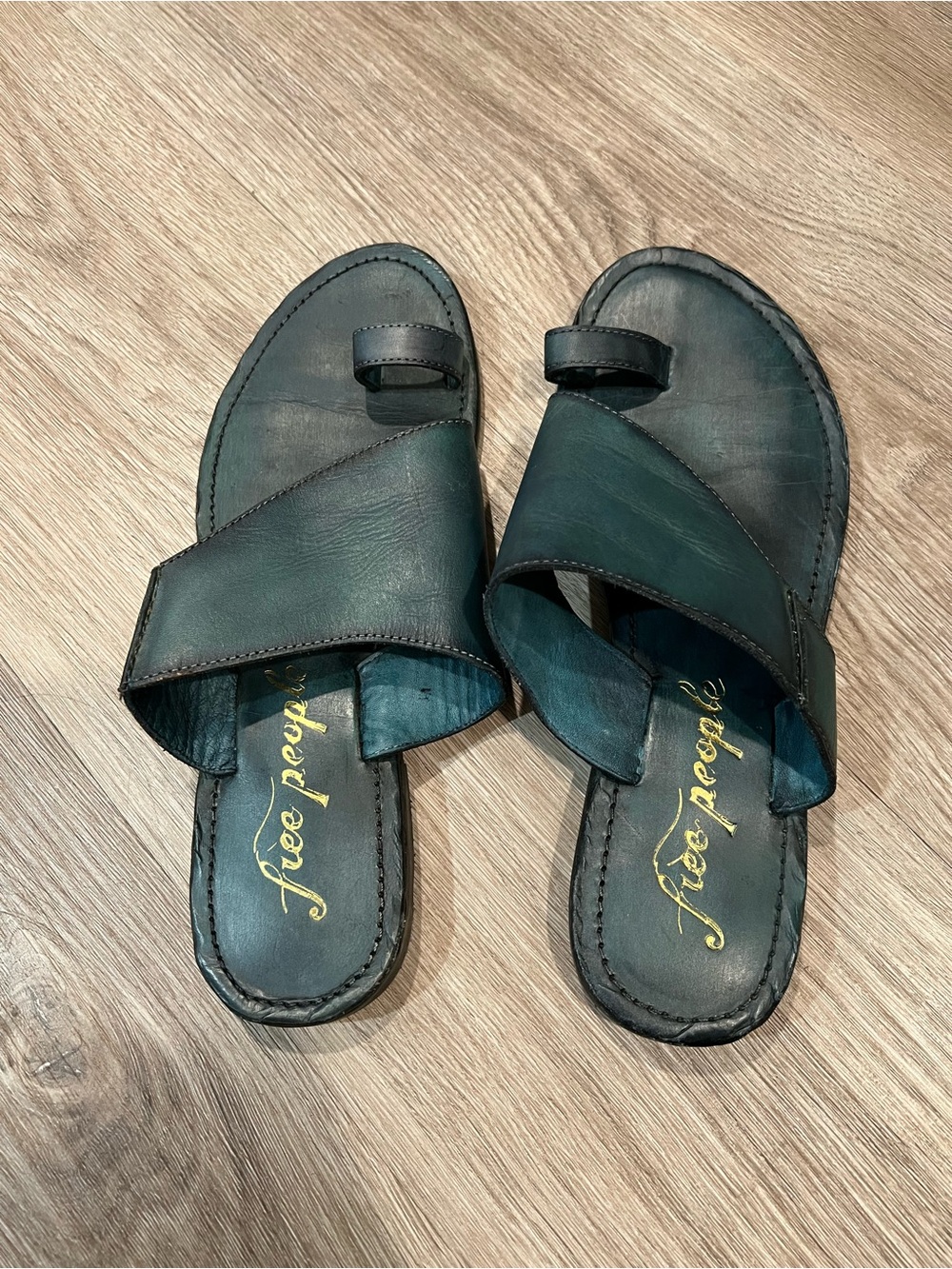 Free People Teal Green Leather Slide Sandals - Women